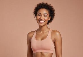 AI Generated A woman exudes a radiant smile wearing a casual pink sports bra, her hair styled naturally. photo