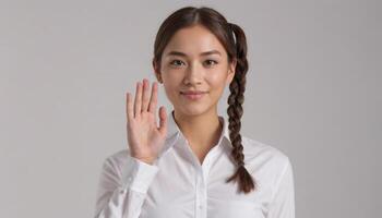 AI Generated A friendly woman with an open hand gesture in a formal white shirt, signaling a welcoming and professional approach. photo