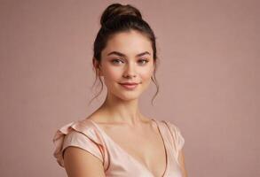 AI Generated A graceful woman poses with subtle makeup and a soft smile, wearing a delicate blouse for a refined look. photo