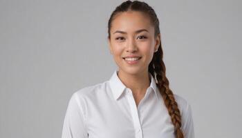 ai generado un sonriente mujer en un crujiente blanco camisa regalos un profesional y simpático comportamiento. foto