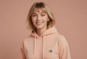 AI Generated A woman smiles gently wearing a casual peach hoodie, giving off a relaxed and approachable vibe. photo