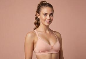 AI Generated A fit woman in a pink sports bra poses confidently, her hair in a braid, suggesting an active lifestyle. photo