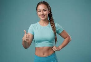 AI Generated A young woman in sportswear giving a thumbs up. She appears confident and ready for a workout. photo