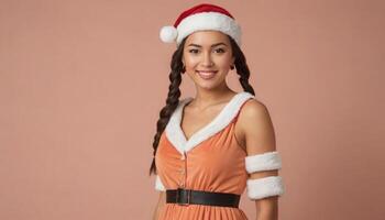 AI Generated A woman dressed in a Santa-inspired outfit beams with festive cheer, her pose and attire suggestive of holiday themes. photo