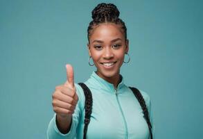 ai generado un sonriente mujer con un cola de caballo da un pulgares arriba, promoviendo un activo y sano estilo de vida. foto