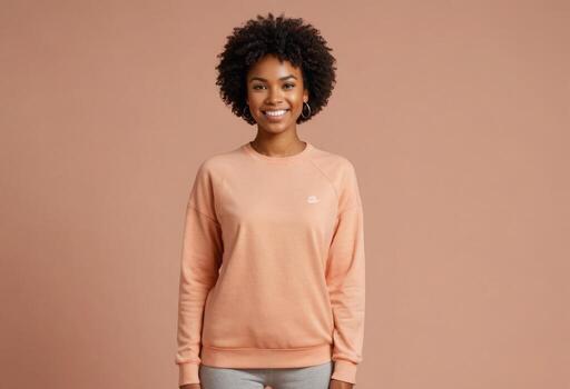 AI Generated A smiling woman with an afro wears a casual peach sweatshirt, exuding a relaxed and comfortable style. photo