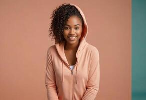 AI Generated A young lady with curly hair smiling in a casual zip hoodie, embodying a relaxed and joyful demeanor. photo
