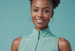 AI Generated A young woman in a high-collar turquoise top smiles confidently at the camera. She exudes a professional yet approachable vibe. photo
