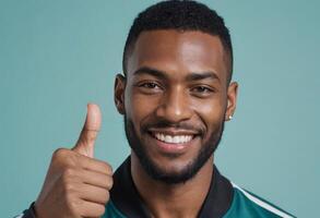 AI Generated A cheerful man gives a thumbs up, his smile exuding friendliness and positivity. photo
