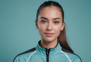 ai generado un deportivo mujer vistiendo un verde azulado chaqueta mira con confianza a el cámara con un compuesto expresión. foto