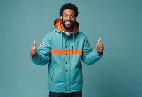 AI Generated A man in a teal winter jacket with orange detailing smiles and gives two thumbs up, radiating positivity. photo