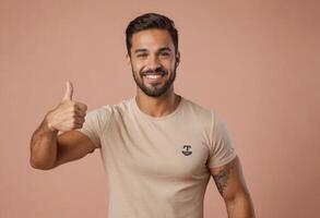 ai generado un confidente hombre en un beige camiseta da un pulgares arriba, su tatuaje echar un vistazo afuera, agregando un toque de nerviosismo a su mirar. foto