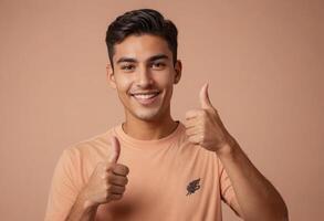 ai generado un joven hombre en un melocotón camisa da un casual pulgares arriba, su simpático comportamiento es atractivo y cálido. foto