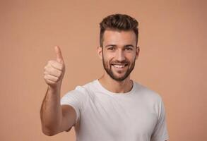 AI Generated A confident man in a white T-shirt shows a thumbs up, symbolizing satisfaction and approval with a bright smile. photo