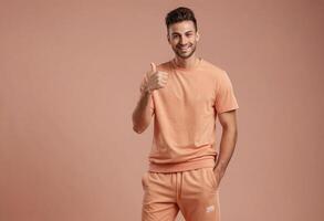 AI Generated A stylish man in a matching orange tracksuit gives a thumbs up, standing out with his trendy look and confident stance. photo