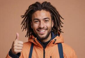 AI Generated A man with dreadlocks in an orange winter jacket gives a thumbs up, his expression one of positivity and warmth. photo