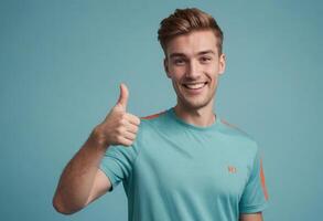 ai generado un entusiasta joven hombre en un ligero azul Deportes tee da un pulgares arriba, su brillante comportamiento transporta energía y positividad foto