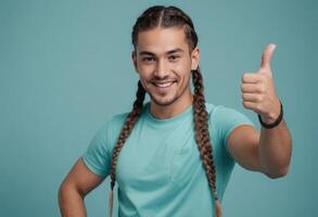 AI Generated A man with long braided hair smiles and gives a thumbs up, exuding a cool and confident air. photo