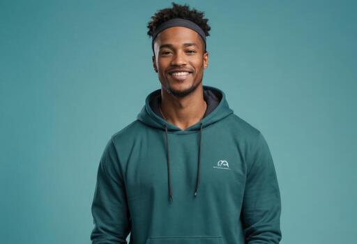AI Generated A man with a warm smile wearing a teal hoodie represents a relaxed and comfortable style. photo