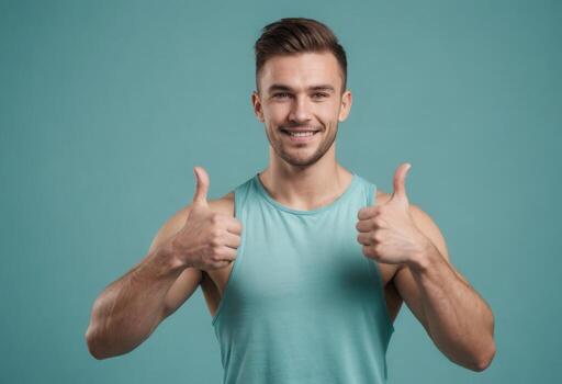 AI Generated A friendly man in a turquoise tank top gives double thumbs up, with a smile that exudes approachability and warmth. photo