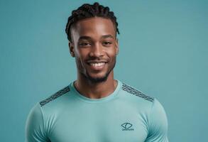 AI Generated A smiling man in teal sportswear exudes confidence and health, representing an active lifestyle. photo