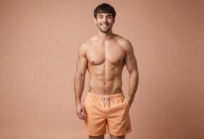 AI Generated An athletic man poses confidently in orange shorts, showcasing a fit physique and healthy lifestyle. photo