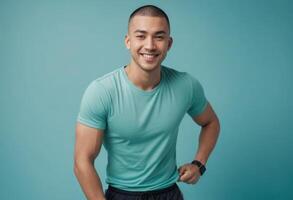 AI Generated A man with a bright smile wearing a turquoise tee exudes a friendly and approachable vibe. photo