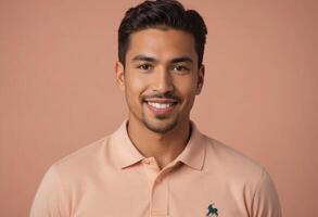 AI Generated A man in a peach polo shirt with a genuine friendly smile, conveying a smart-casual look. photo