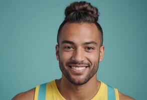 AI Generated A fit young male with a man bun, wearing a yellow tank top and smiling warmly. photo