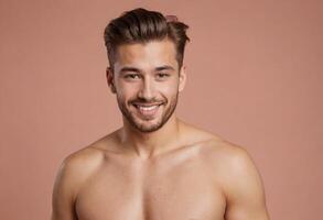 AI Generated A happy bare-chested man with styled hair and a beard, smiling against a peach background. photo