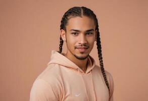 AI Generated A stylish man with long braided hair, wearing a soft pink hoodie, and looking away thoughtfully. photo