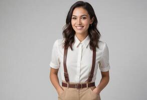 AI Generated A professional young woman with a bright smile, wearing a button-up shirt and high-waisted trousers. photo