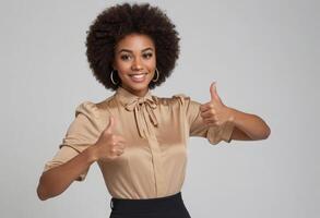 AI Generated A young woman with a vibrant smile and curly hair, giving a double thumbs up in a business casual attire. photo