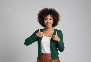 AI Generated A young woman with curly hair giving two thumbs up, wearing a green cardigan, exuding positivity. photo