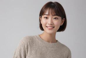 AI Generated A young woman with a short haircut smiles gently at the camera, wearing a casual knitted sweater. Her warm and friendly demeanor is inviting. photo