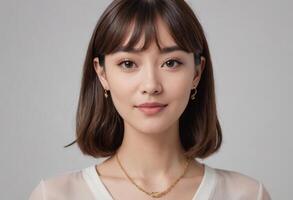 AI Generated A serene woman with a gentle expression wears a light blouse, her delicate features and minimal jewelry reflecting quiet elegance. photo