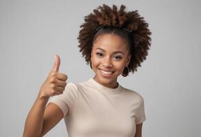 AI Generated A woman with a vibrant afro hairstyle and a beige top gives a thumbs up, her bright smile exudes enthusiasm and confidence. photo