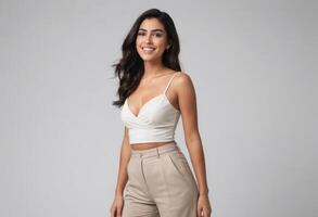 ai generado un elegante mujer en un elegante blanco cosecha parte superior y beige pantalones poses con confianza, su atuendo Perfecto para un de moda verano día. foto