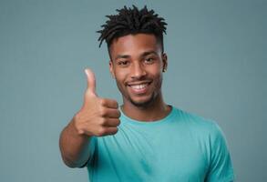 AI Generated A man with short dreadlocks wearing a teal shirt giving a thumbs up, expressing positivity on a matching background. photo