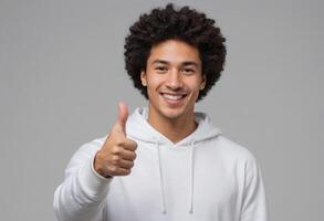 AI Generated A man with curly hair in a white hoodie giving a thumbs up, with a warm and inviting expression. photo