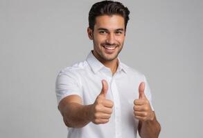 AI Generated A confident man in a white shirt giving two thumbs up, portraying assurance and positivity. photo