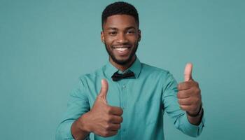 AI Generated A man with a bright smile and two thumbs up wearing a teal shirt, showing approval and happiness. photo