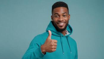 AI Generated A man in a teal hoodie giving a thumbs up with a confident smile, on a teal backdrop. photo