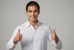 ai generado un joven profesional hombre en un blanco camisa dando dos pulgares arriba con un simpático sonrisa en un gris fondo. foto