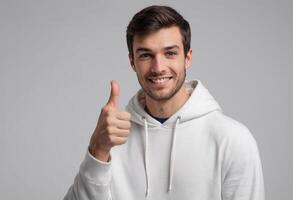 AI Generated A young man with stubble in a white hoodie giving a thumbs up with a content smile on a grey background. photo