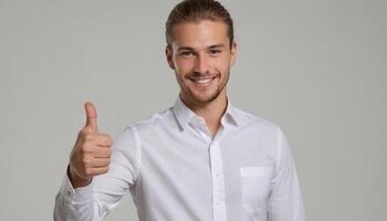 ai generado un alegre joven hombre con rastrojo dando un pulgares arriba en un casual blanco camisa, mirando relajado y positivo. foto