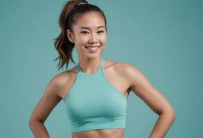 AI Generated A young woman with her hair in a bun, wearing a teal sports bra, exuding positivity and a readiness for physical activity. photo