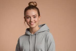 AI Generated A young woman with a high ponytail and a relaxed smile in a grey hoodie, presenting a casual and approachable look. photo