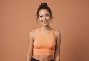 ai generado un joven mujer con un parte superior nudo y un energético sonrisa, vestido en un deportivo naranja cosecha arriba, Listo para un activo estilo de vida. foto