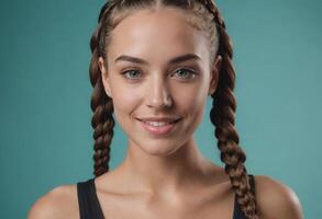 AI Generated A young woman with double braids and a black tank top gives a playful smile, showcasing a fit and active lifestyle. photo
